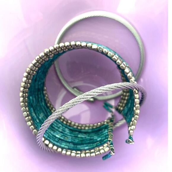 Vintage Handmade Green Tube bead bracelet and Cable bracelets - SET of 3 - Picture 3 of 5